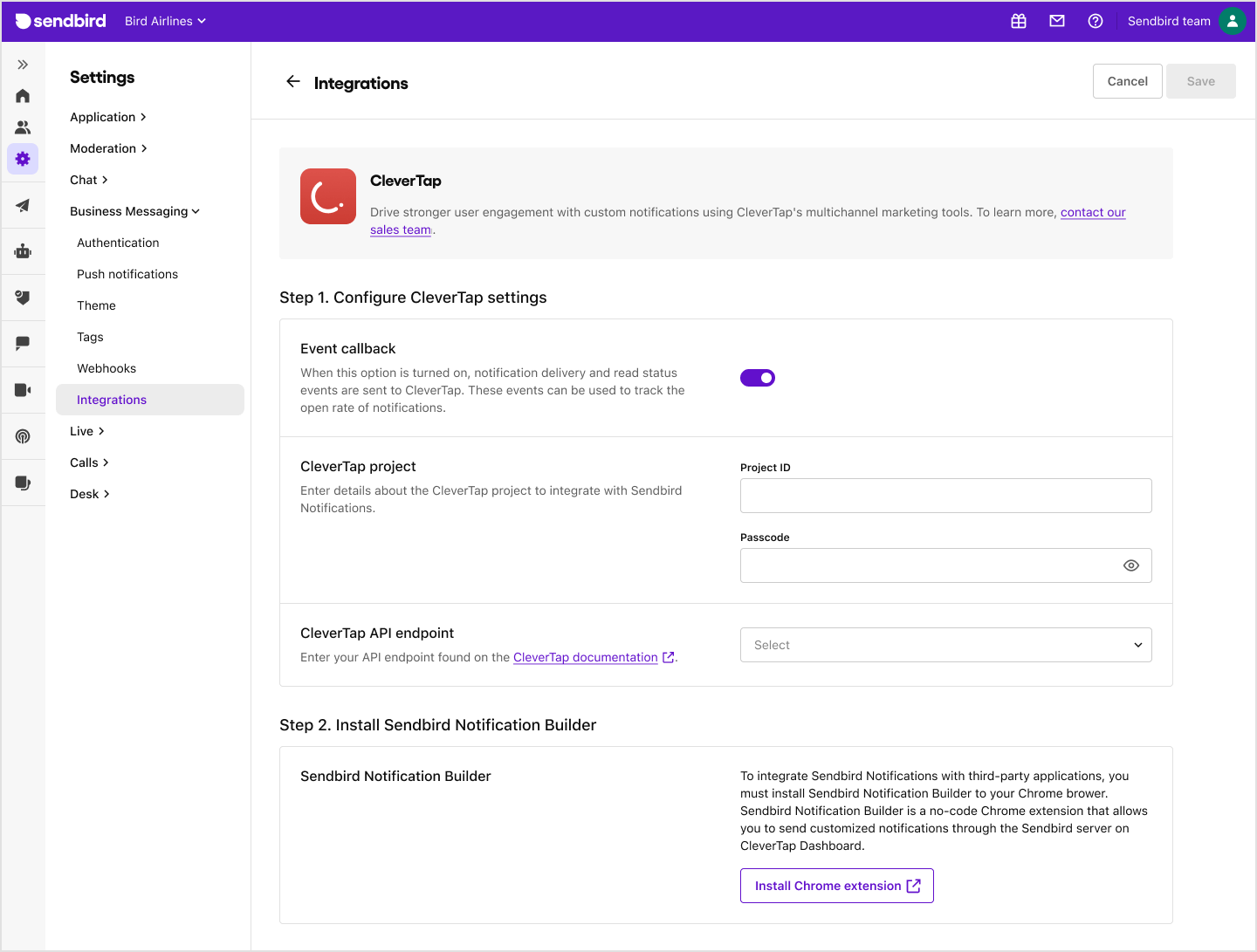 Image|An image showing how to set up CleverTap integration on Sendbird Dashboard.