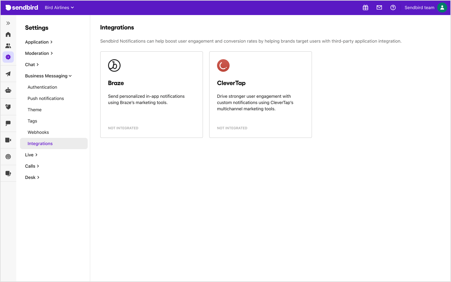 image|The Integration page under Business Messaging on Sendbird Dashboard