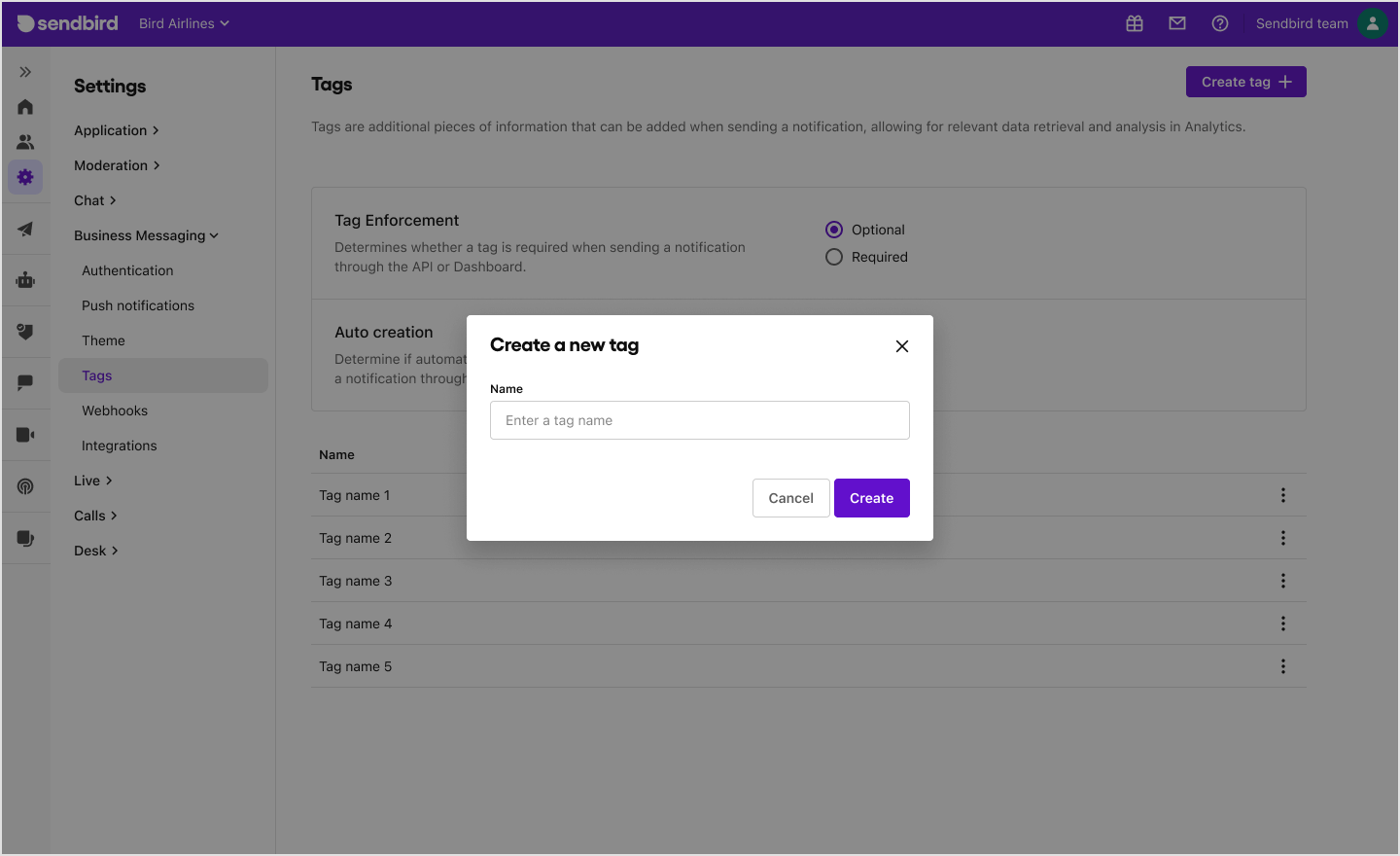 image|Adding tags on the Tags page under Business Messaging on Sendbird Dashboard