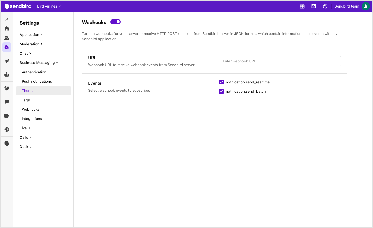 image|The Webhook page under Settings > Business Messaging on Sendbird Dashboard