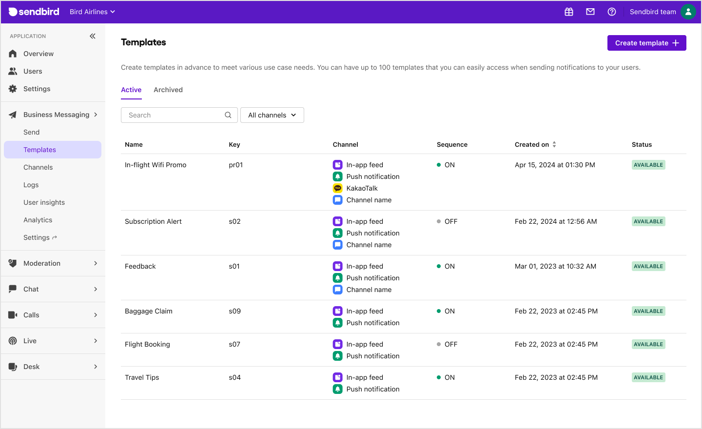 image|a list of templates on Sendbird Dashboard