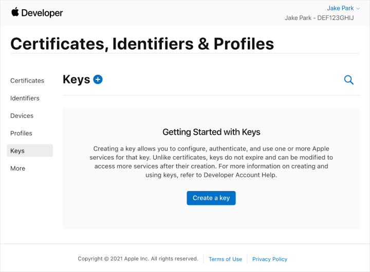 Starting with the Keys page on Apple Developer, which lets you create your .p8 authentication key file.