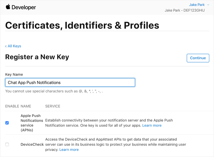 Selecting a service you will use before registering your key.