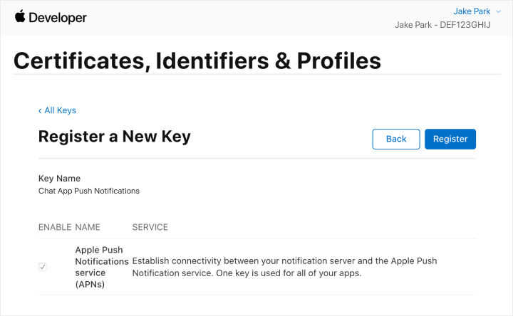 Registering your key to APNs.