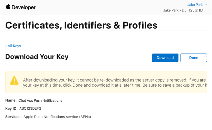 Downloading your .p8 file.