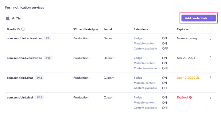 Adding your .p12 file for APNs in Sendbird Dashboard.