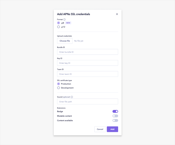 Uploading and registering your .p8 file for APNs in Sendbird Dashboard.