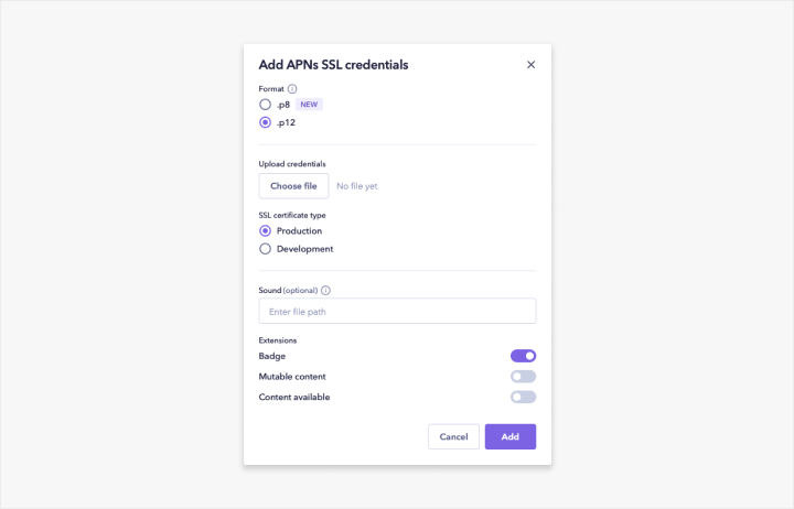 Uploading and registering your .p12 file for APNs in Sendbird Dashboard.