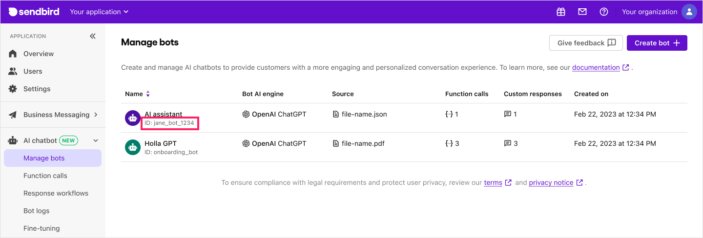 Image|Screen highlighting bot ID on Manage bots page on Sendbird Dashboard.