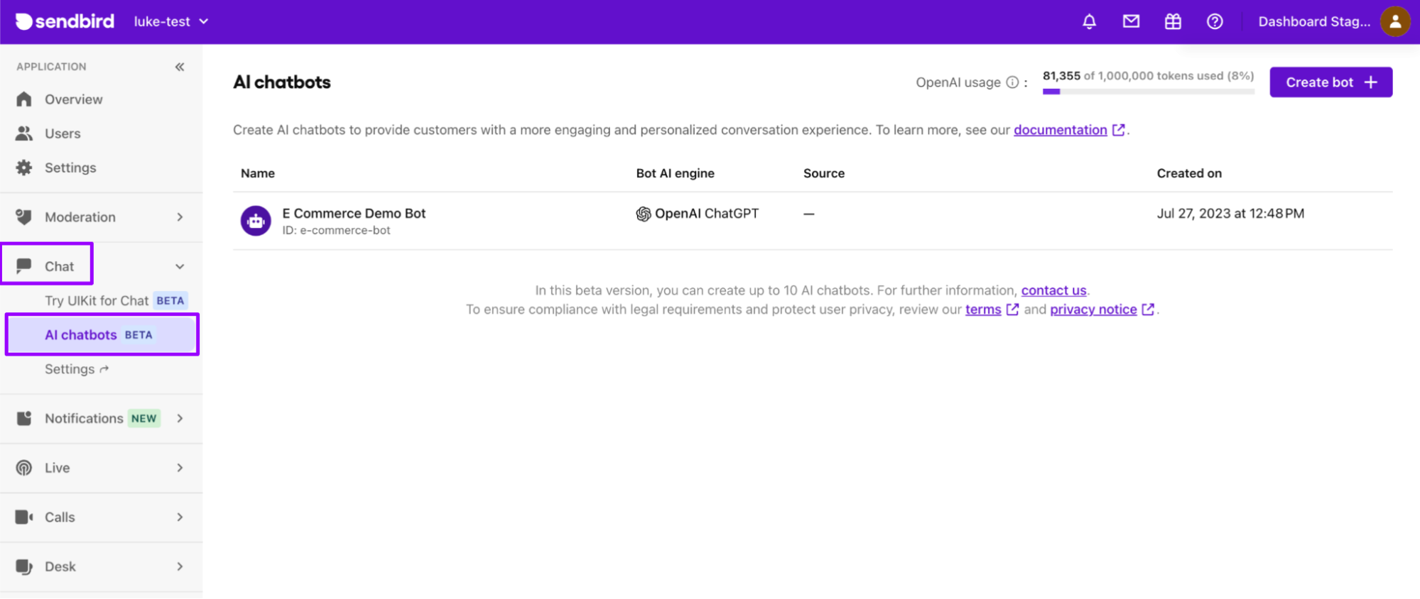 AI chatbots menu item