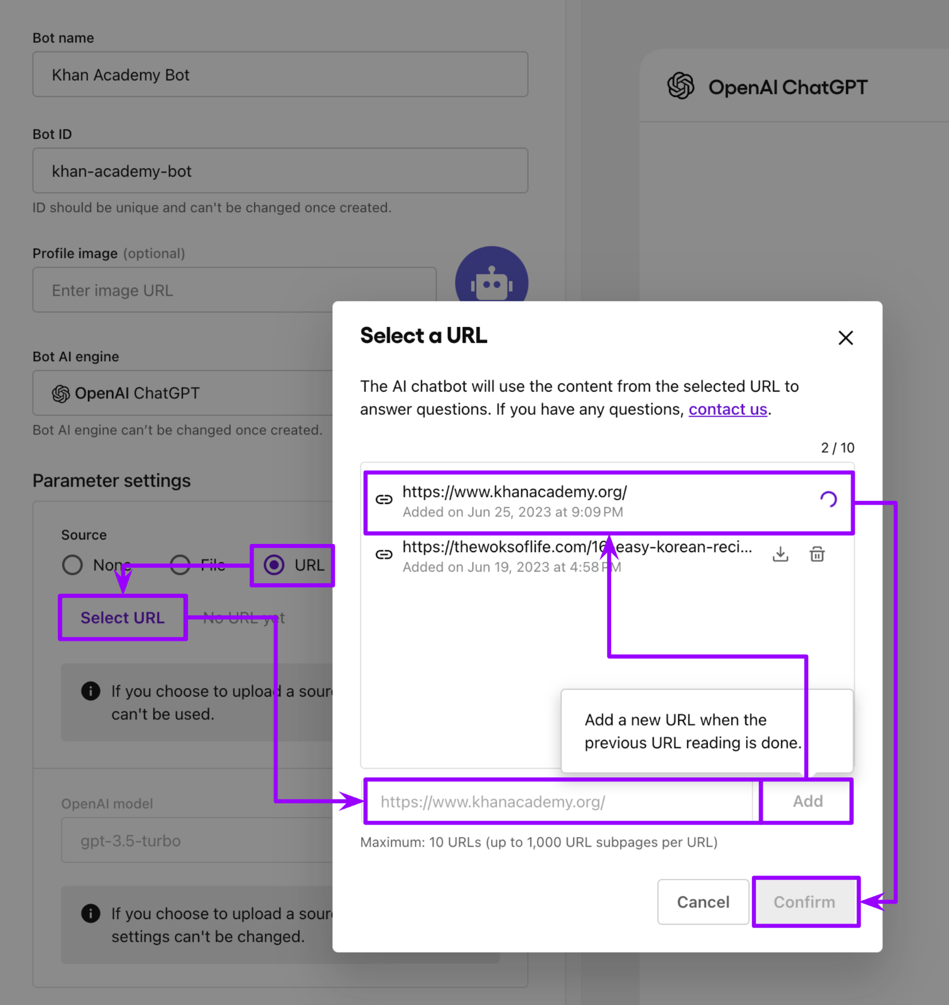 Select URL window