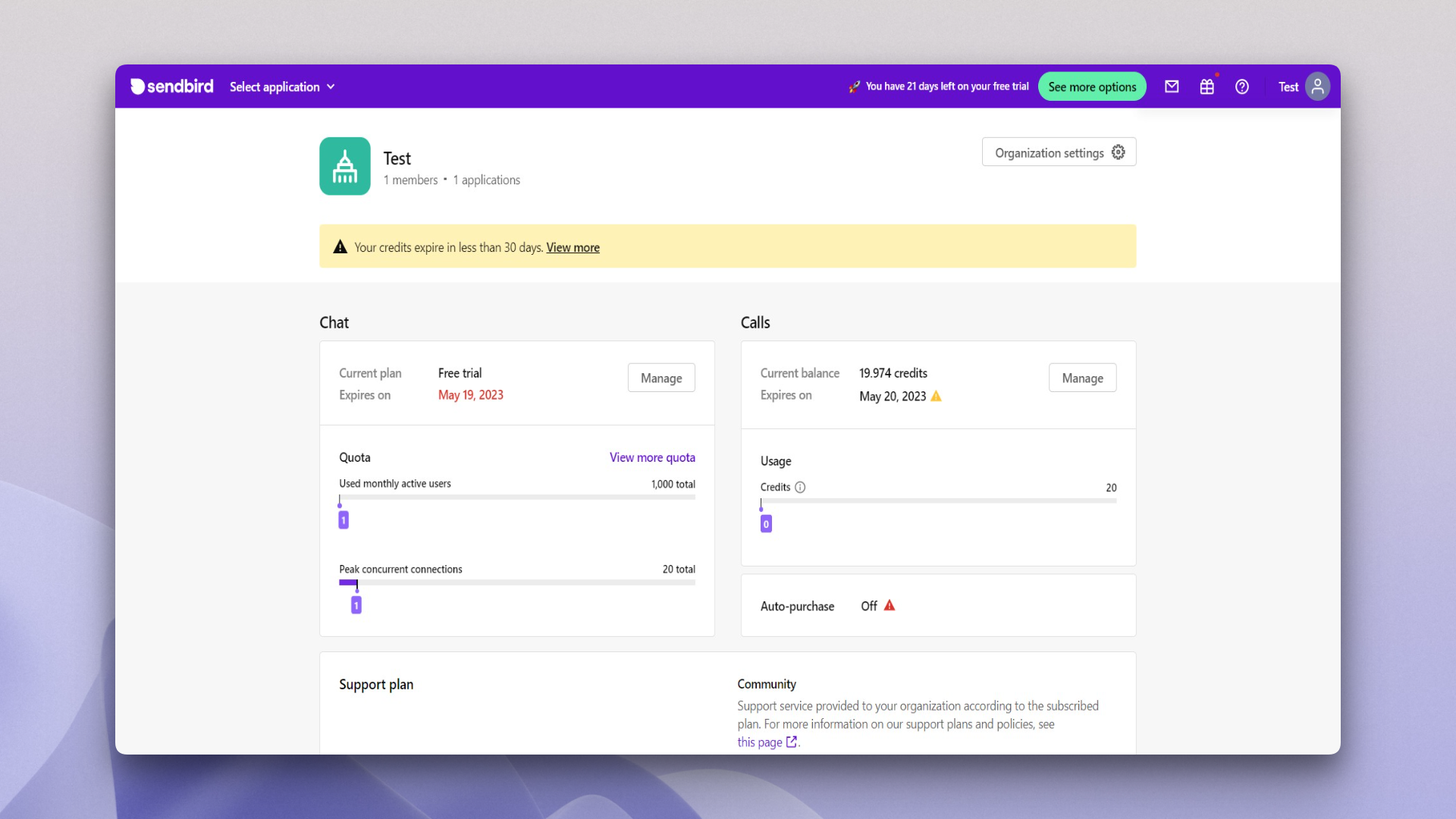 Sendbird dashboard