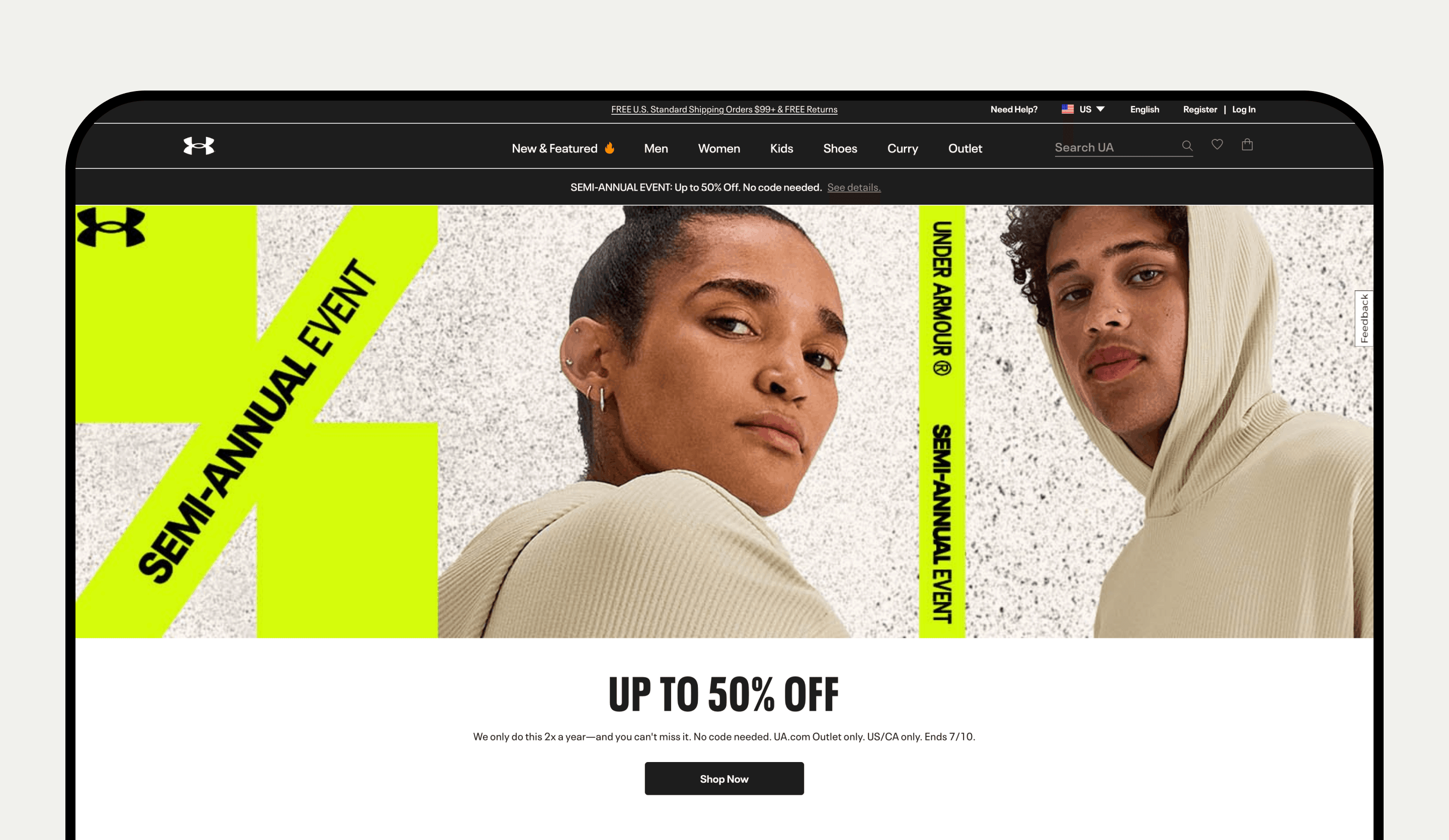 A screenshot of the Under Armour website